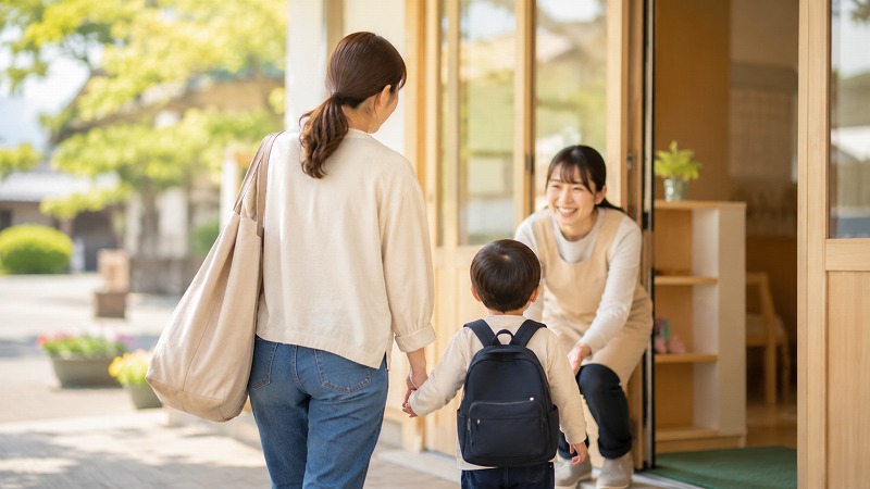 朝の保育園で、保育士に迎えられながら安心した様子で登園する親子の風景
