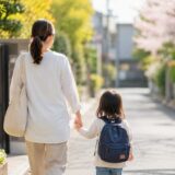 保育園へ向かう親子の後ろ姿と新しい生活のイメージ