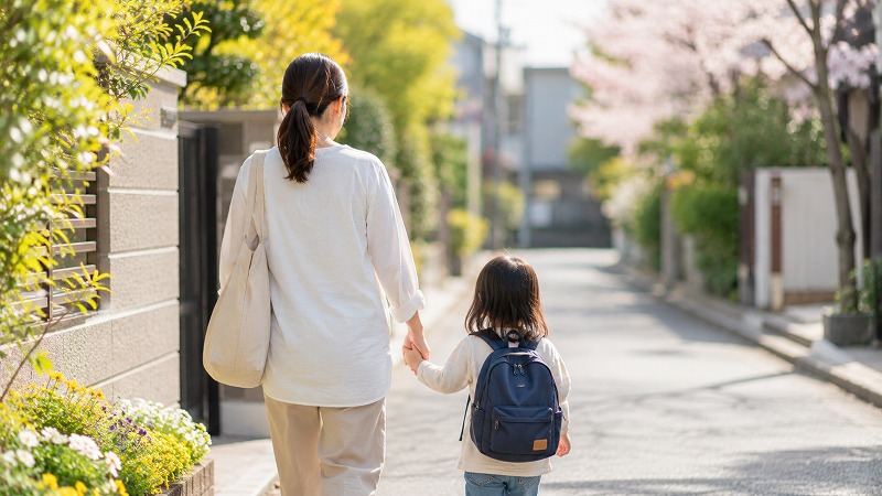 保育園へ向かう親子の後ろ姿と新しい生活のイメージ