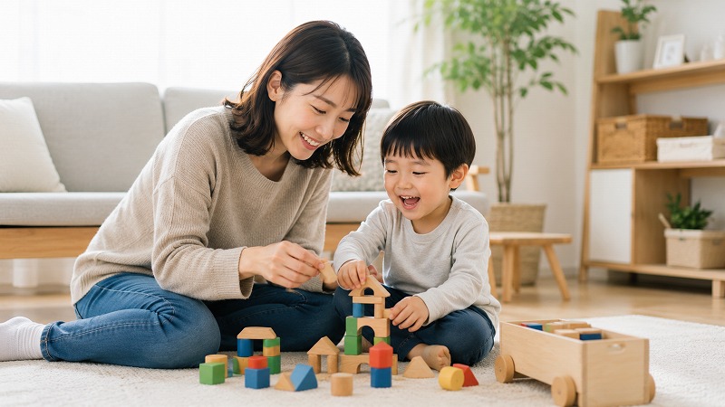リビングでおもちゃ遊びをしながら笑顔で過ごす親子の様子