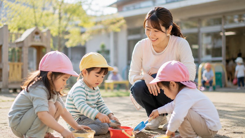 園庭で友達と遊ぶ子どもたちを優しく見守る保育士。
