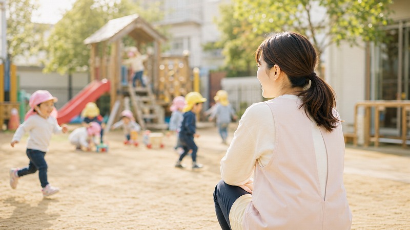 園庭で遊ぷ子どもたちを見守る保育士の後ろ姿