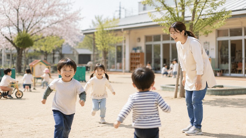 園庭で元気に遊ぶ子どもたちを見守る保育士の様子