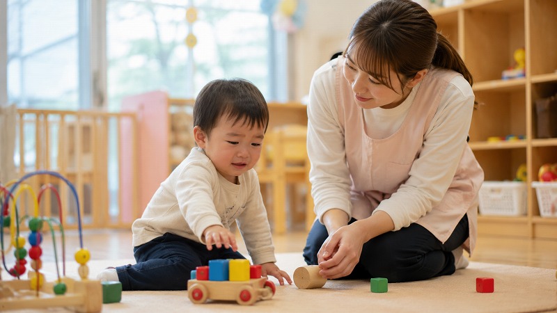 保育室で少し不安そうにしながらも遊び始める子どもの様子
