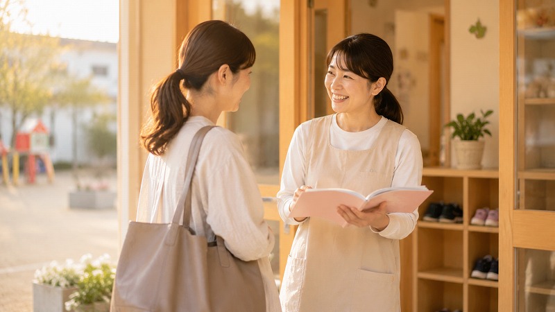 連絡帳を見ながら保護者と話す保育士の様子
