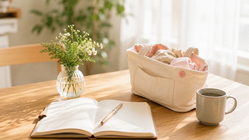 木製の机の上に速絡帳とベン、コーヒーや花が國かれた朝のワンシーン