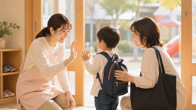 朝の保育園で保育士に迎えられ、安心した表情で登園する親子の姿