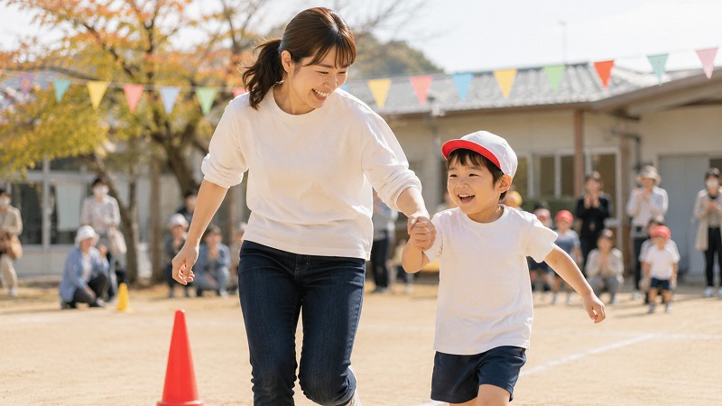 保育園の運動会で親子が楽しそうに参加している様子