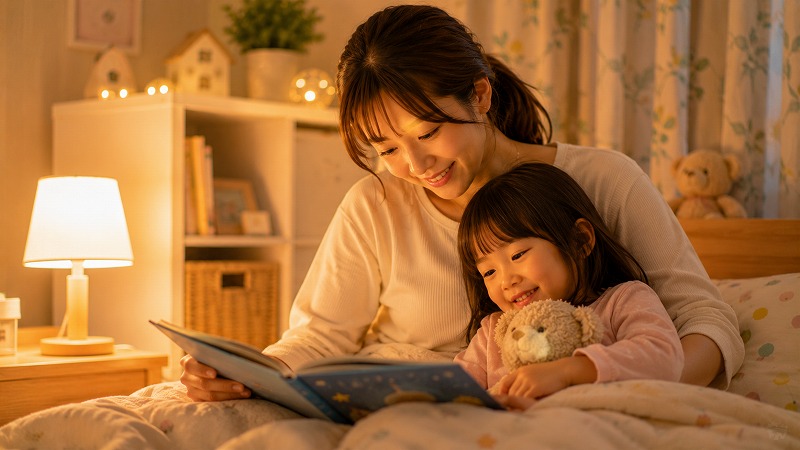 寝る前に親子で絵本を読むリラックスタイム