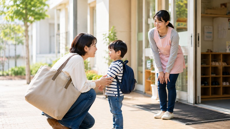 朝の保育園の玄関で、子どもを見送る親子と笑顔で迎える保育士の様子
