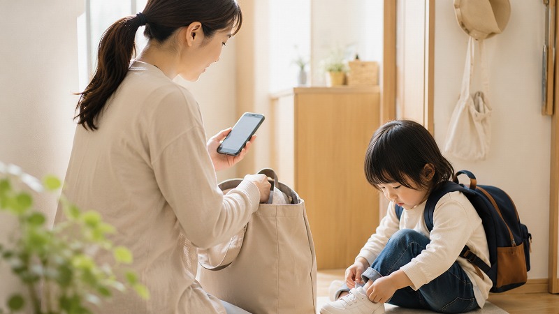 スマホメモを見ながら準備をする保護者と登園前の子ども