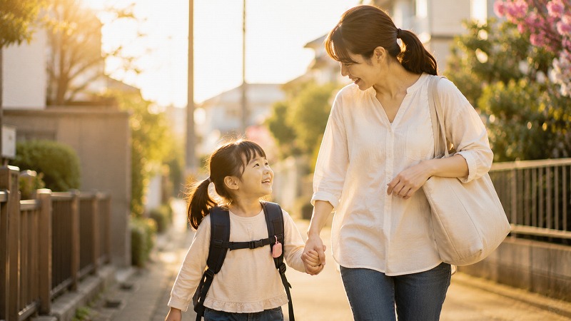 保育園生活に慣れて笑顔で歩く親子