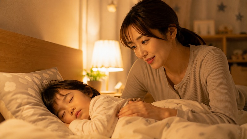 子どもの寝顔を見守る保護者