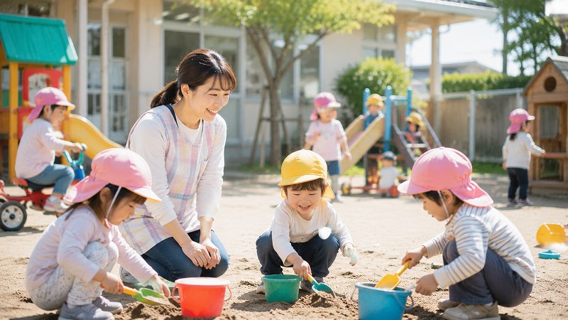 園庭で遊ぶ子どもたちを見守る保育士の様子