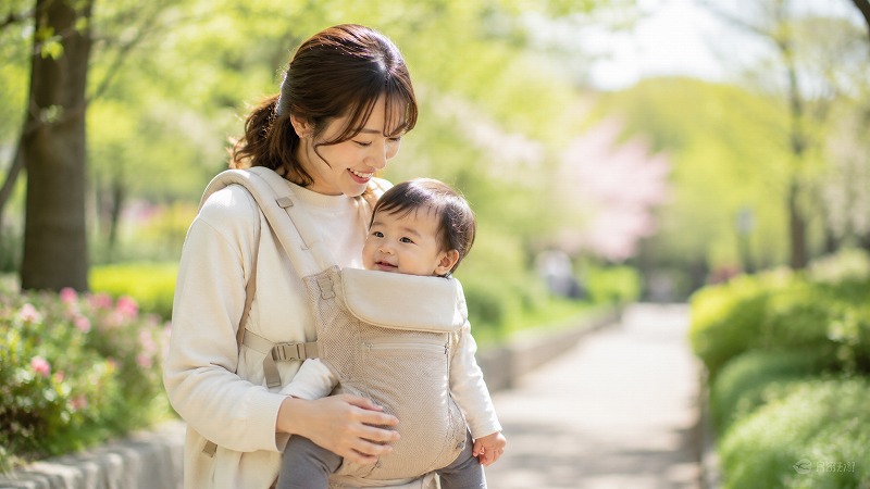 抱っこひもで子どもを抱きながら公園を散歩する親子