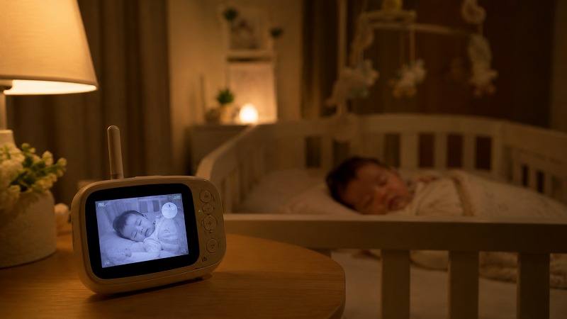 ベビーモニターで眠る赤ちゃんを見守る様子