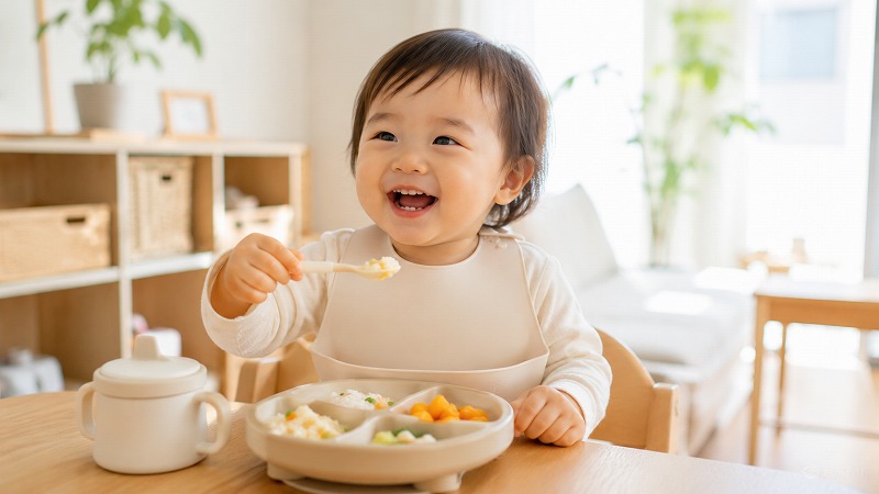 離乳食を楽しそうに食べる幼児の様子