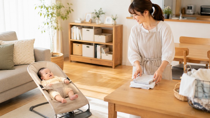 リビングでバウンサーに座る赤ちゃんを見守りながら家事をする保護者の様子。