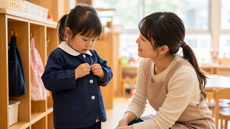 制服のボタンがうまく留められず困っている子どもを、保育士が優しく見守っている様子