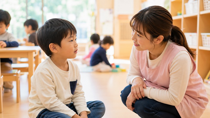 友だちとの出来事を保育士に相談する男の子と、優しく話を聞く保育士の様子