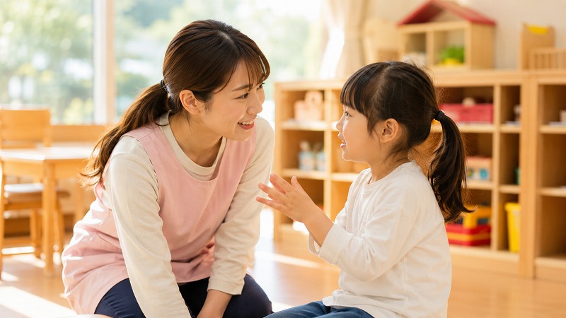 保育士が子どもの目線に合わせて話を聞き、安心して気持ちを伝えている保育室の様子