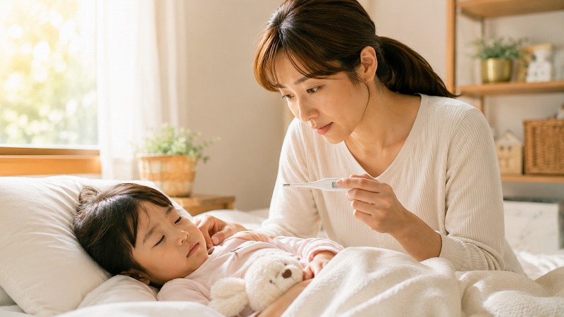 保育園へ登園できるか迷った朝。子どもの体調を確認しながら見守る保護者の様子。