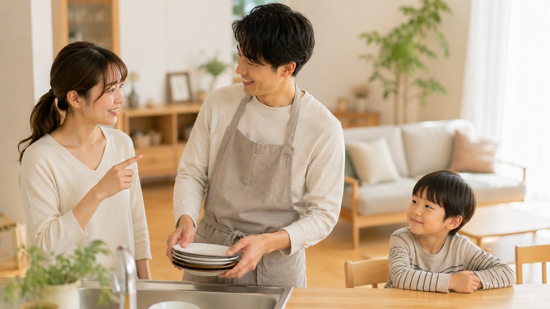 家庭の中で親同士が自然に助け合う姿を、子どもが安心した表情で見ている様子
