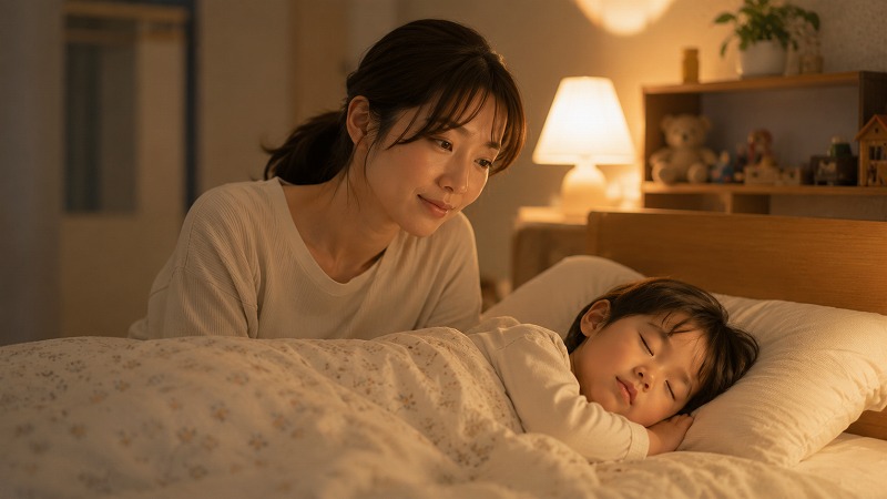 眠る子どもを見守りながら安堵する母親