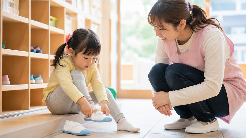 靴が履けず困っている子どもに、保育士が目線を合わせて優しく寄り添う保育園の玄関の様子