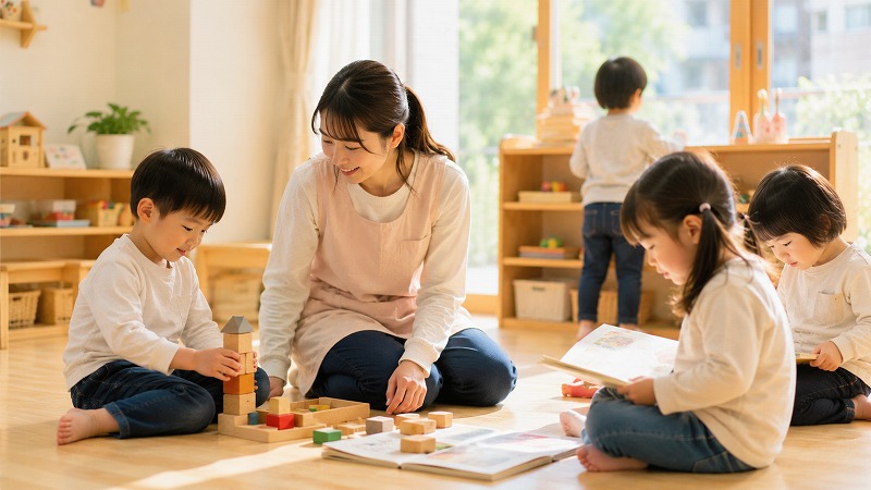 保育室で遊ぶ子どもたちと保育士
