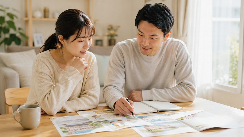 保育園選びについて自宅で話し合う夫婦の様子