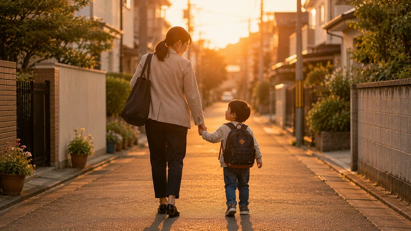 夕方に保育園から帰る親子の後ろ姿