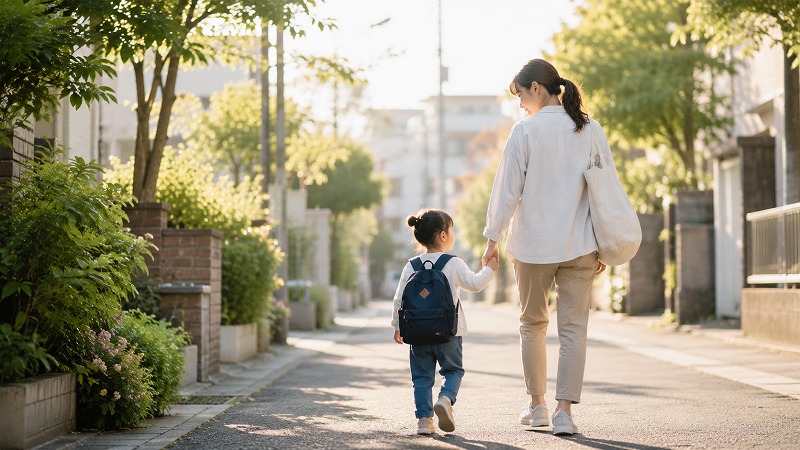 保育園へ向かう親子の後ろ姿