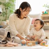 リビングで子どもと笑顔で過ごす保育士ママと育児グッズのある暮らしの様子