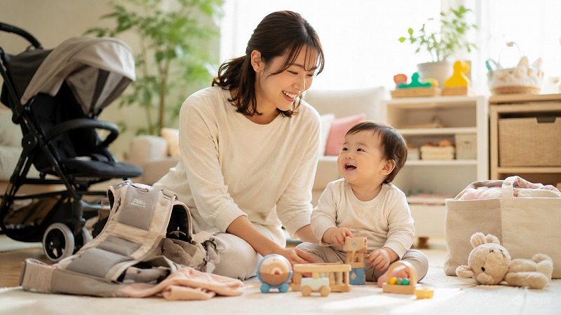 リビングで子どもと笑顔で過ごす保育士ママと育児グッズのある暮らしの様子
