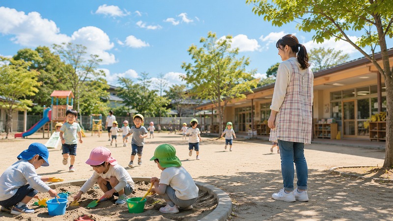 園庭で遊ぶ子どもたちを見守る保育士