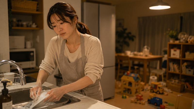 夜のキッチンで家事をしながら疲れを感じる母親