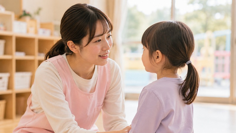保育士が優しい表情で園児と目線を合わせて話している様子