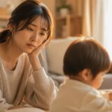 夕方のリビングで子どもを見守りながら、子育ての大変さを感じつつも愛情深く寄り添う母親の様子