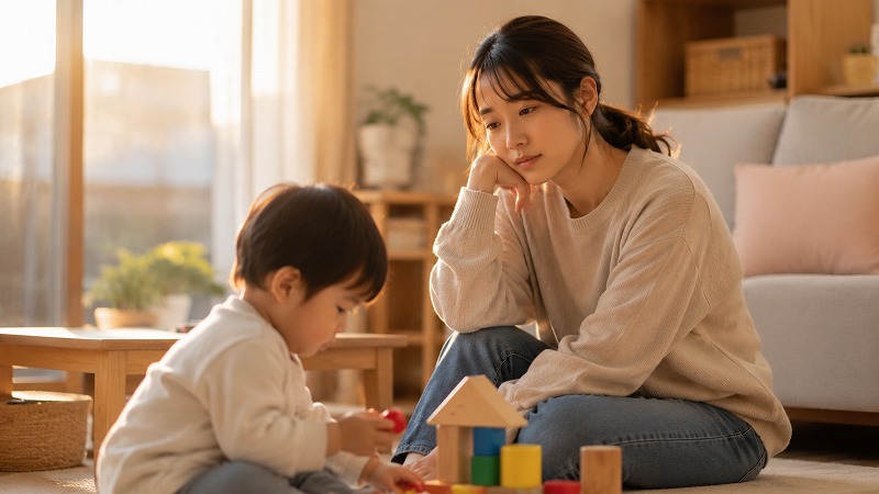 夕方のリビングで子どもを見守る疲れた表情の母親の様子