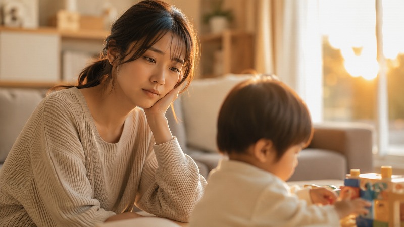 夕方のリビングで子どもを見守りながら、子育ての大変さを感じつつも愛情深く寄り添う母親の様子