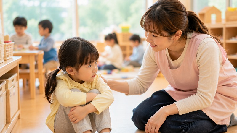 元気のない子どもに保育士がそっと寄り添い、優しく声をかけている保育室の様子