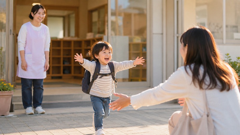 保育園の降園時、お迎えに来た保護者へ笑顔で駆け寄る子どもの安心した様子を写した写真風イメージ。