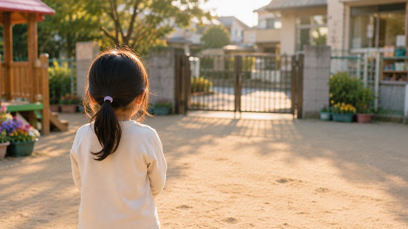 園庭で門の方を見つめる子どもの後ろ姿