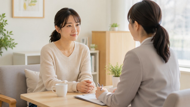 子育ての悩みを相談員に話す母親の様子