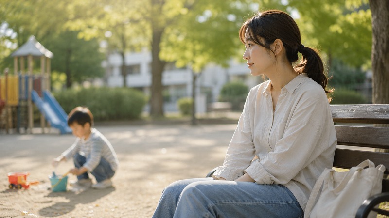 公園で遊ぶ子どもを見守りながら休憩する母親