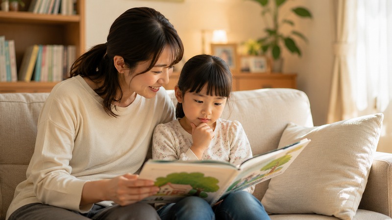 親子で困ったときに相談できる人について話し合っている家庭の様子