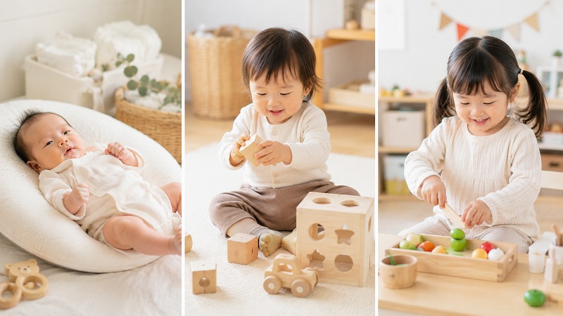 新生児、1歳児、幼児がそれぞれ遊んでいる成長イメージの写真風コラージュ