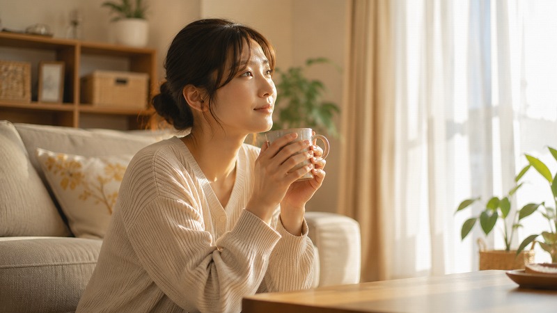 温かい飲み物を飲みながら一息つく母親