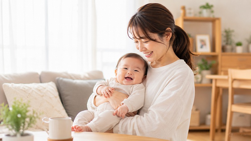 赤ちゃんを抱っこしながら笑顔で過ごす親子の自然な日常風景。